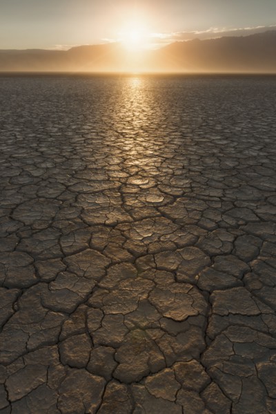 USA, Oregon, Alvord Desert, Cracked soil at sunset