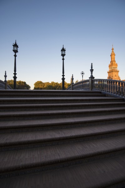 Spain, Andalusia, Seville, Stairway on Plaza de Espana at dawn
