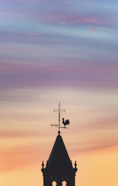 Spain, Andalusia, Seville, Weathercock on top of tower at sunset