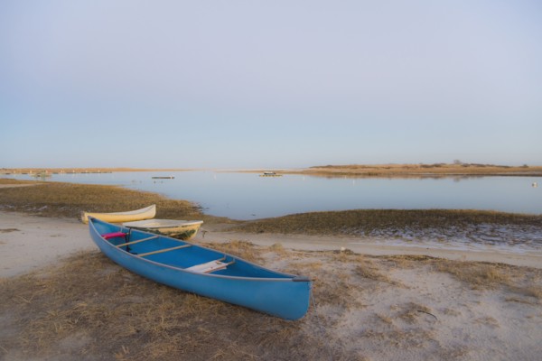 USA, Massachusetts, Cape Cod, Eastham, Blue canoe on beach