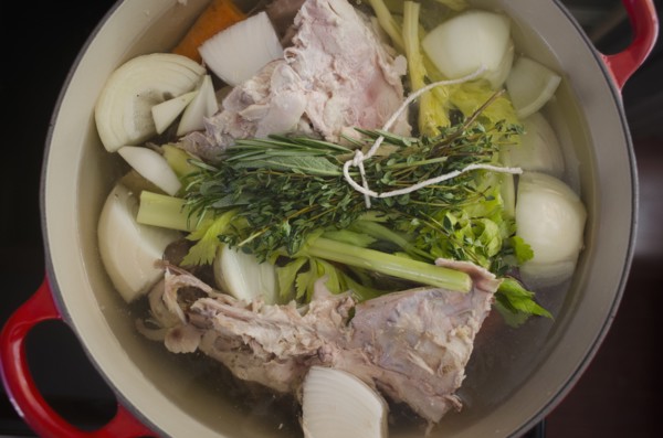 Cooking broth from turkey leftovers and vegetables