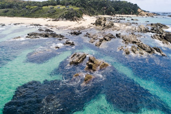 Australia, New South Wales, Bermagui, Sharp rocks in water nera beach