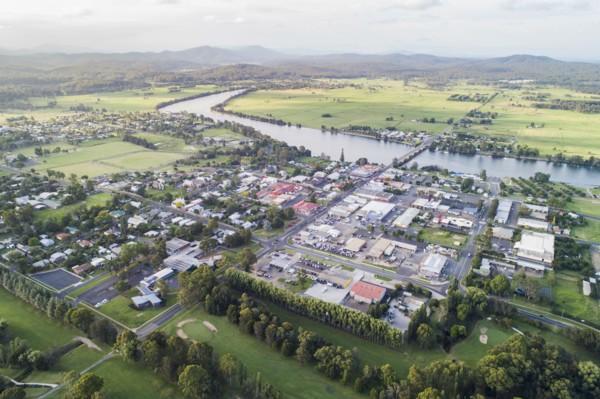 Australia, New South Wales, Moruya, Landscape with town and Moruya river
