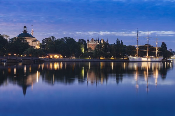 Ship on river at sunset in Stockholm, Sweden