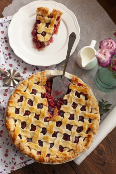 High angle view of cherry pie