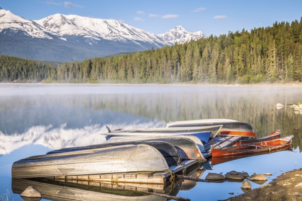 Canoes on Patricia Lake in Jasper National Park, Alberta, Canada