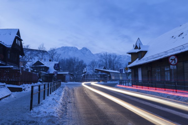 Long exposure shot of road through Zakopane, Poland