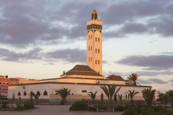 Eddarham Mosque at sunset in Dakhla, Morocco