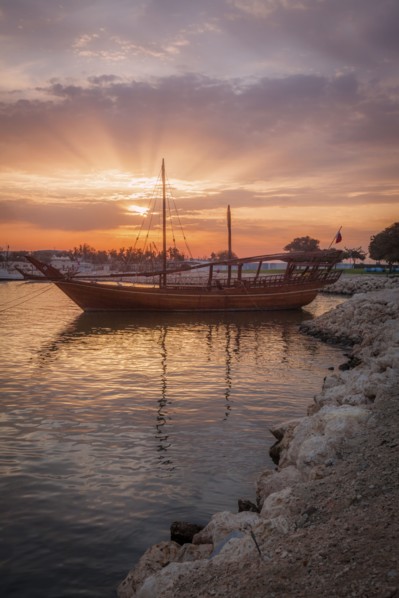 Boat at sunset in Doha, Qatar