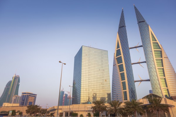 Low angle view of Bahrain World Trade Center in Manama, Bahrain
