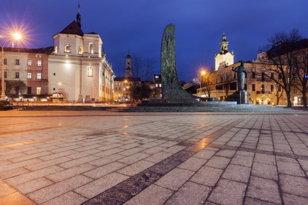 Town square at night in Lviv, Ukraine