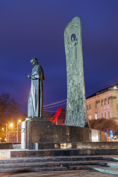 Taras Shevchenko monument at night in Lviv, Ukraine