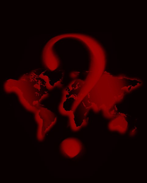 Illustration of red question mark over world map