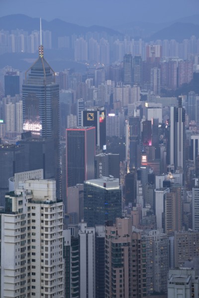 Cityscape at sunset in Hong Kong, China