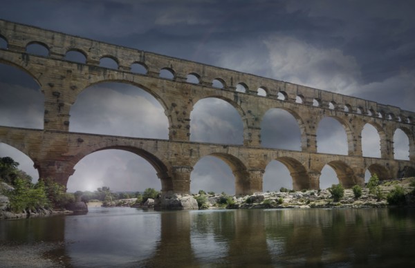 Pont du Gard at night in Vers-Pont-du-Gard, France