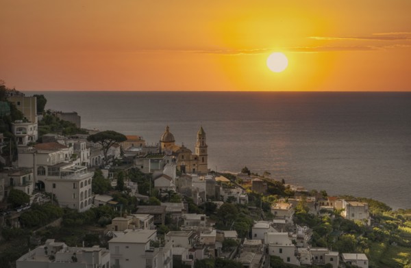 Village of Praiano at sunset on Amalfi Coast, Italy
