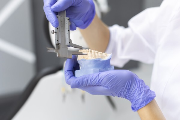 Dental assistant measuring model teeth