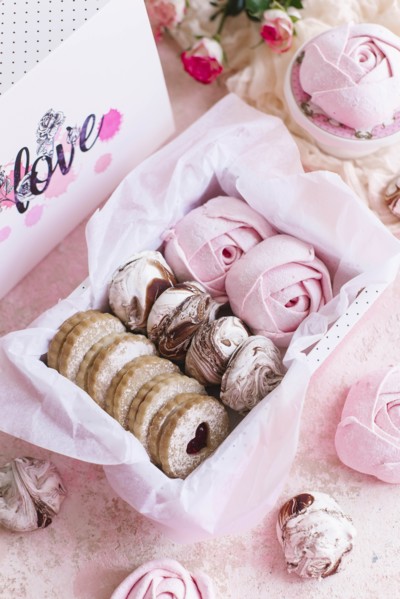 Pink box of biscuits and candy