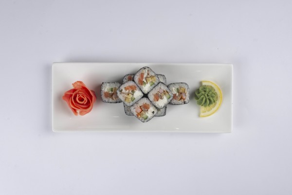 Plate of sushi with pickled ginger and wasabi