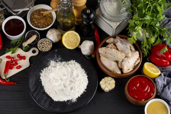 Raw ingredients including vegetables and flour