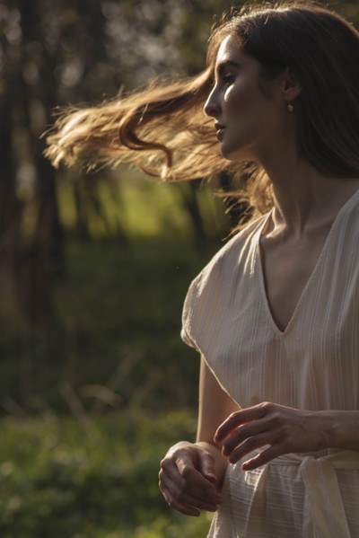 Windswept woman with brown hair
