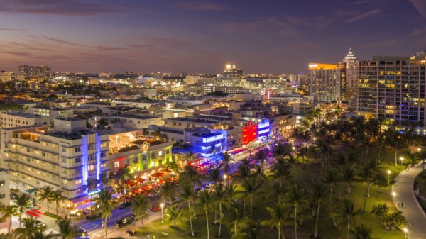 Cityscape at sunset of South Beach in Miami, USA