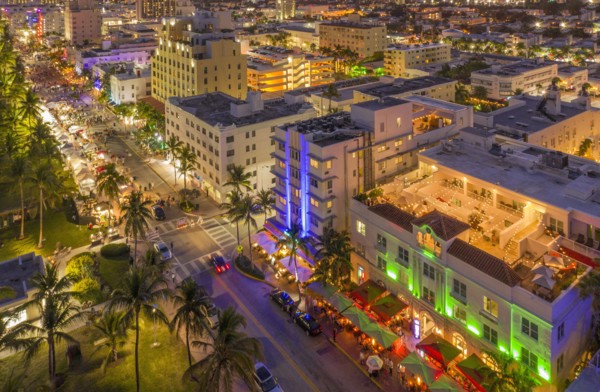 Cityscape at sunset of South Beach in Miami, USA