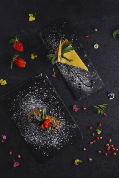 Desserts of lemon tart and cake
