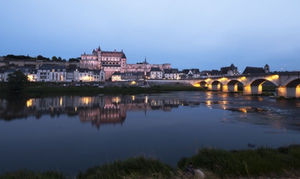 Amboise town by river at sunset in Loire Valley, France