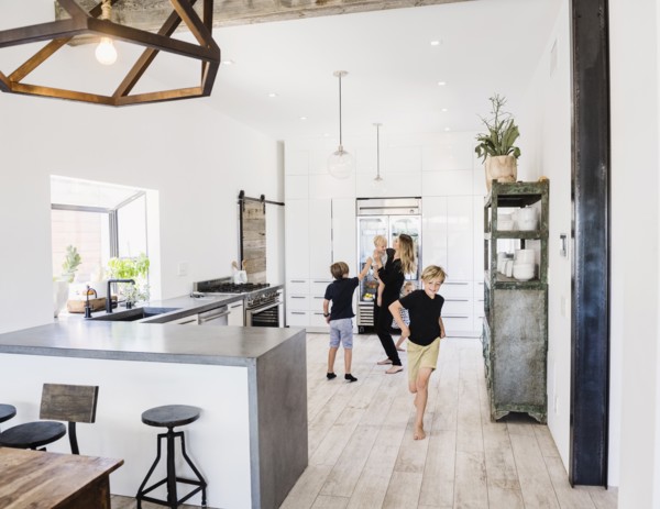 Mother and children in kitchen