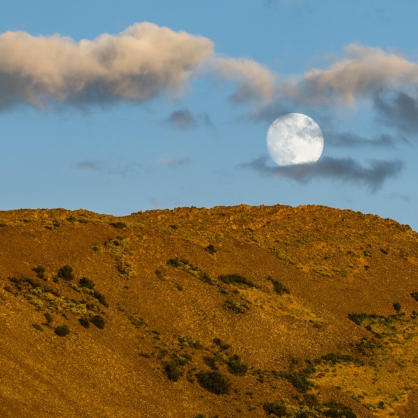Full moon over brown hill at sunset in Picabo
