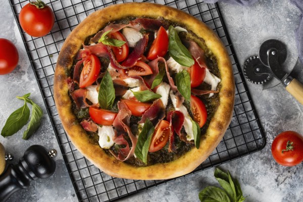 Pizza on cooling rack