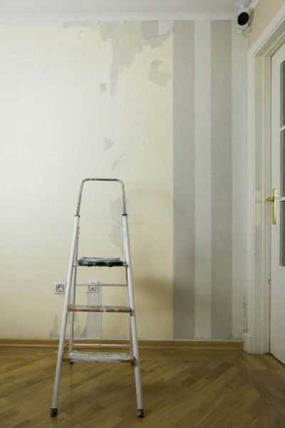 Step ladder by wall of torn wallpaper