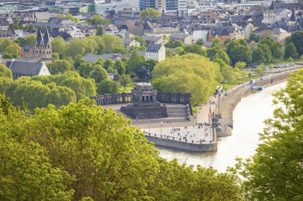 Buildings on bank of Rhine river in Koblenz, Germany