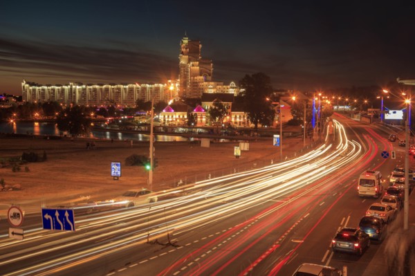 Light trails on road at night in Minsk, Belarus