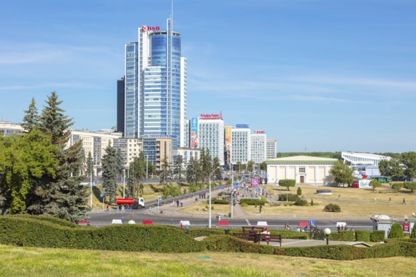 Park by modern office buildings in Minsk, Belarus
