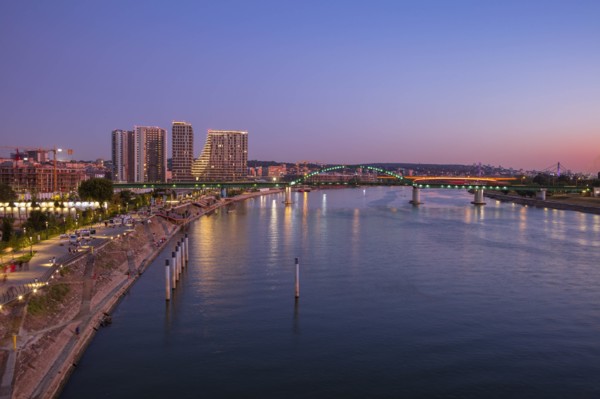 City skyline by Sava River at sunset in Belgrade, Serbia