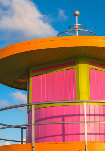 Pink and orange beach hut against sky in Miami, Florida, USA