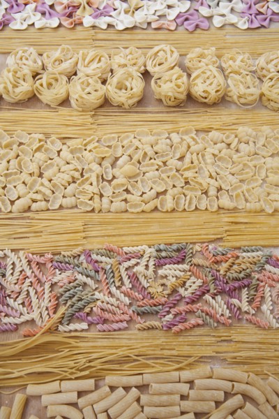 Assorted uncooked pasta in rows