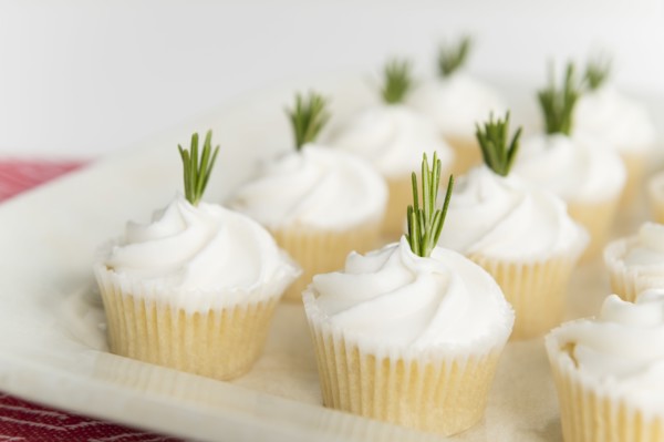 Tray of white cupcakes