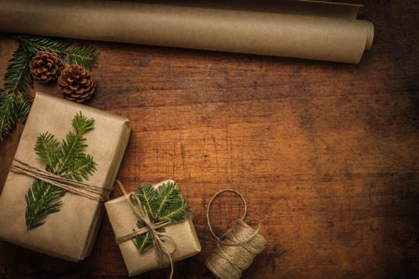 Pine fronds tied to Christmas presents