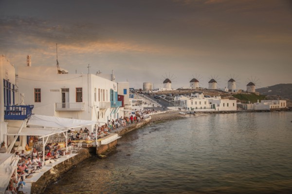 Restaurants on waterfront in Mykonos, Greece