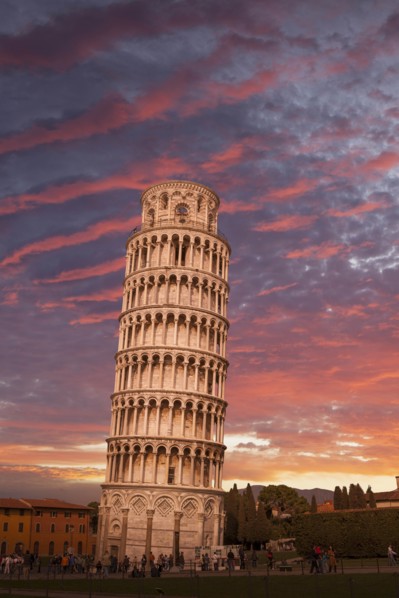 Leaning Tower of Pisa at sunset in Tuscany, Italy