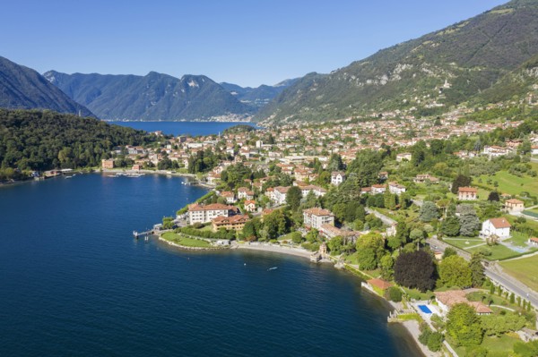 Buildings on peninsula by Lake Como in Lombardy, Italy