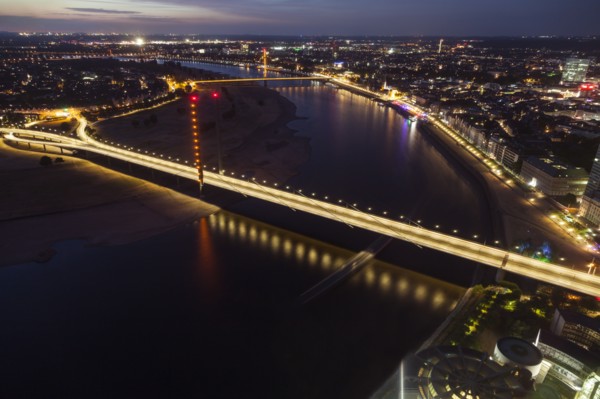 Aerial view of Rheinkniebrucke at night in Dusseldorf, Germany