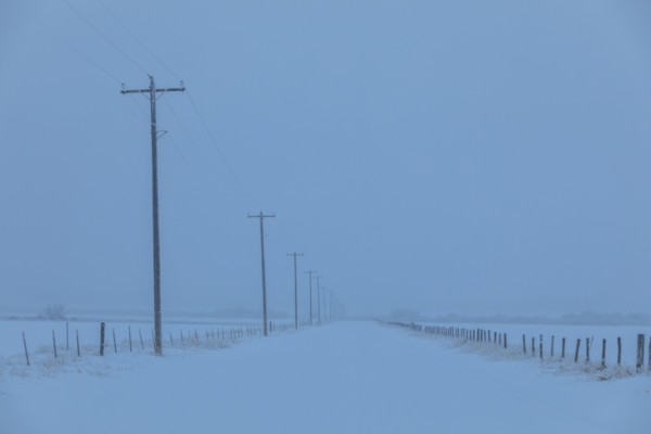 Power lines by snow on highway