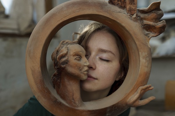 young woman and circular wooden sculpture
