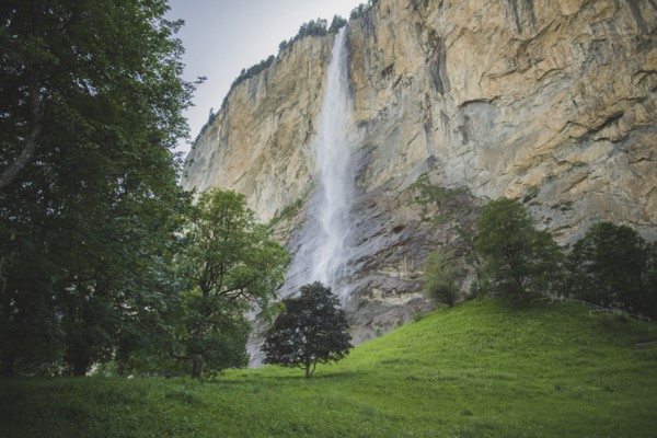 Waterfall and cliff in Lauterbrunnen, Switzerland