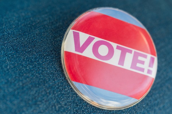 Close up of Vote button on jeans fabric