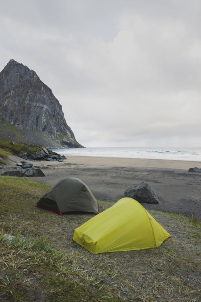 Tents on Kvalvika beach in Lofoten Islands, Norway